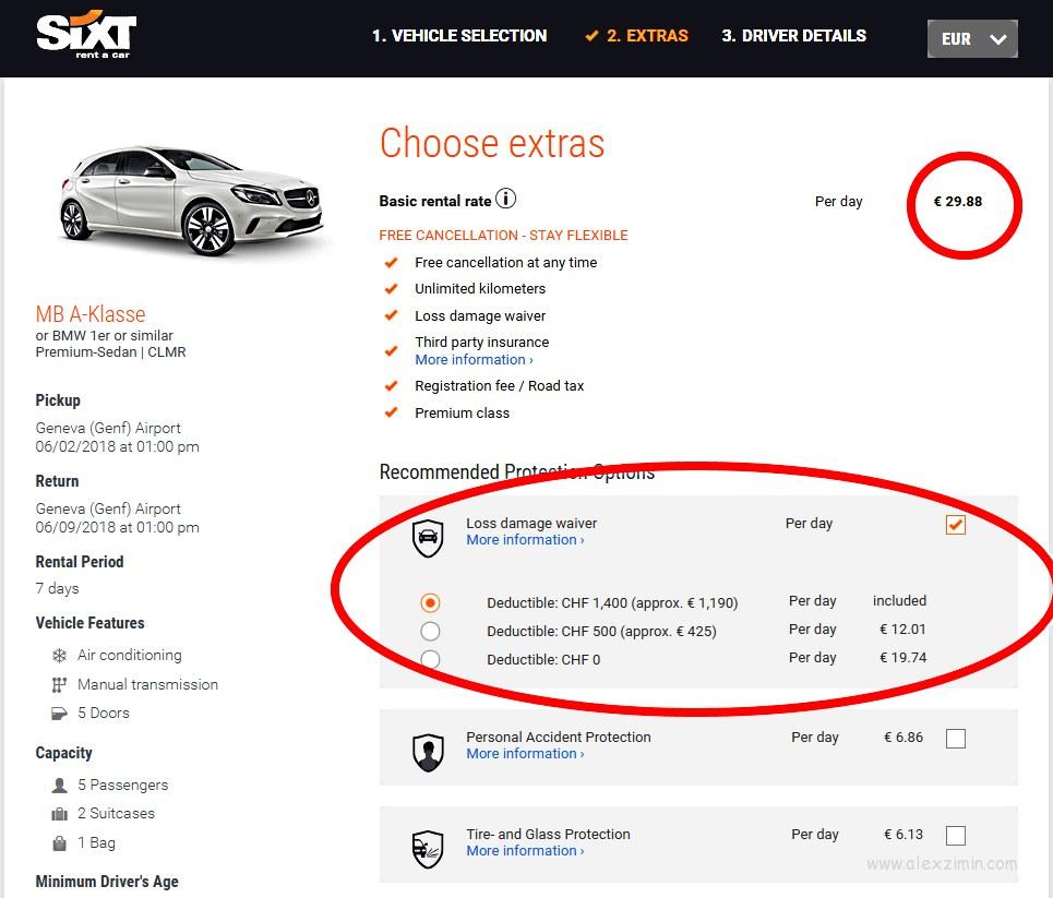 Обязательная страховка на сайте SIXT при бронировании автомобиля в Швейцарии
