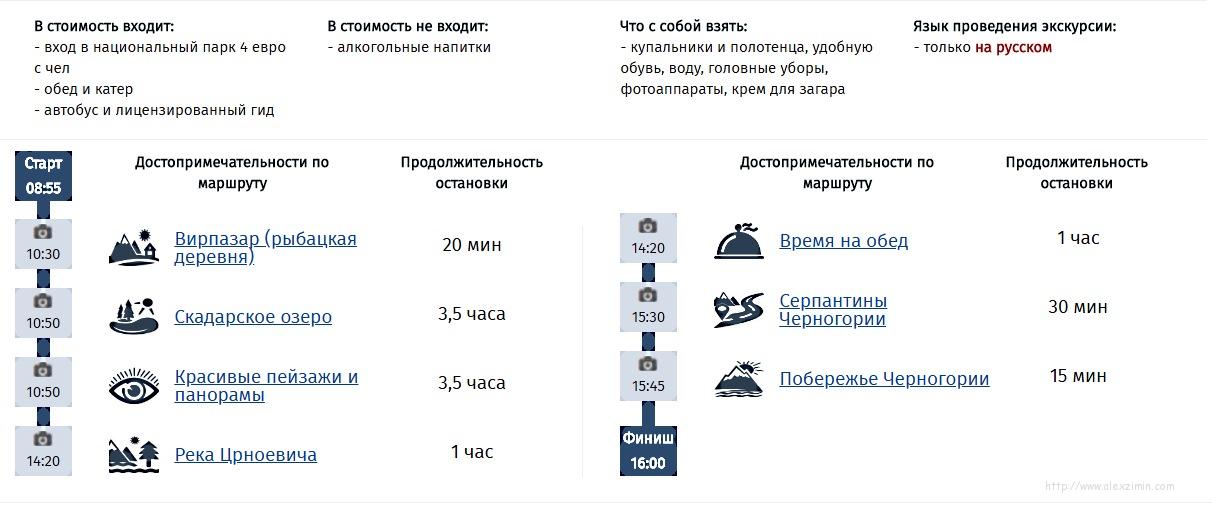 Экскурсия Скадарское озеро + река Црноевича подробный план