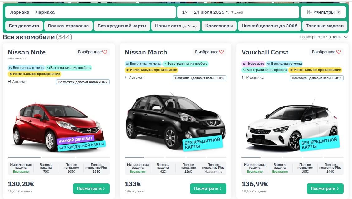 Цены на аренду авто на Кипре летом в этом году