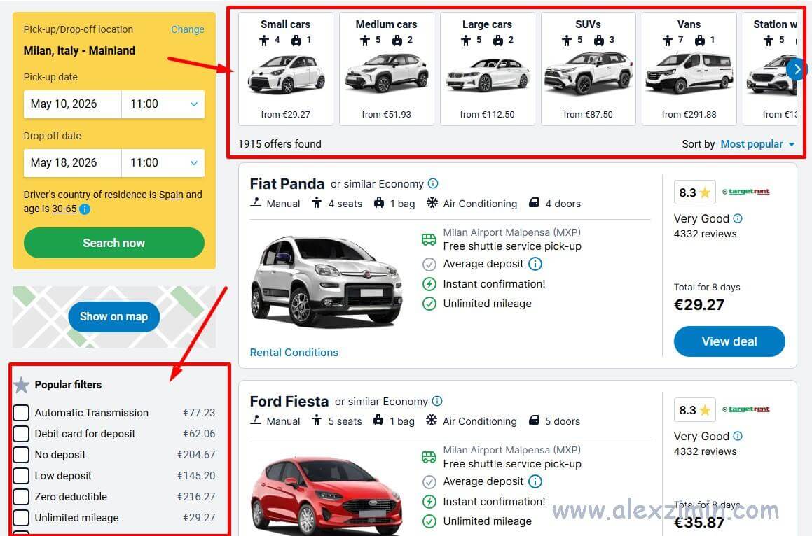 Booking example on DiscoverCars Italy