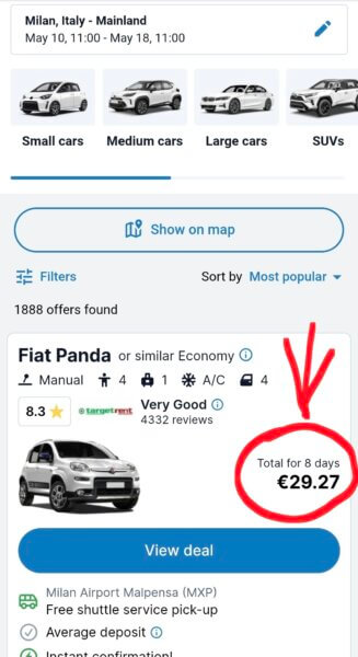 Car rental in Italy, Milan from €3.65 per day