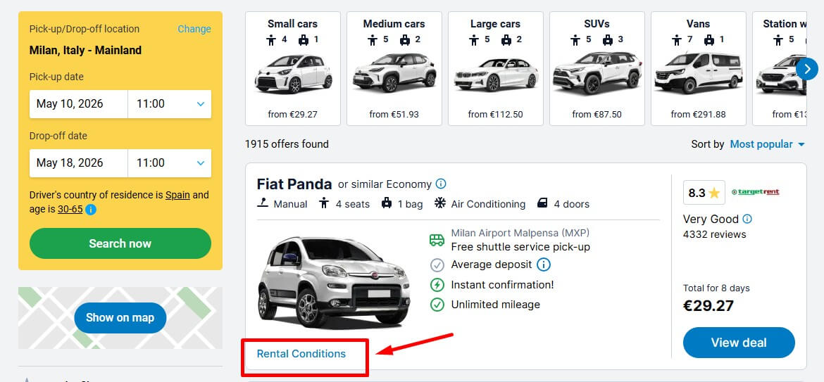 Car rental terms and conditions in Italy