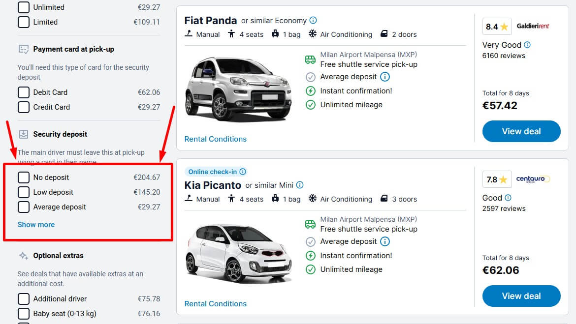 Searching for low deposit car rental in Italy