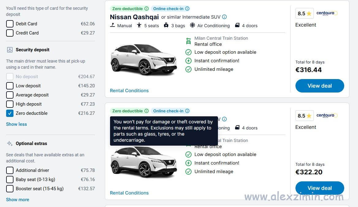 zero deductible car rental italy